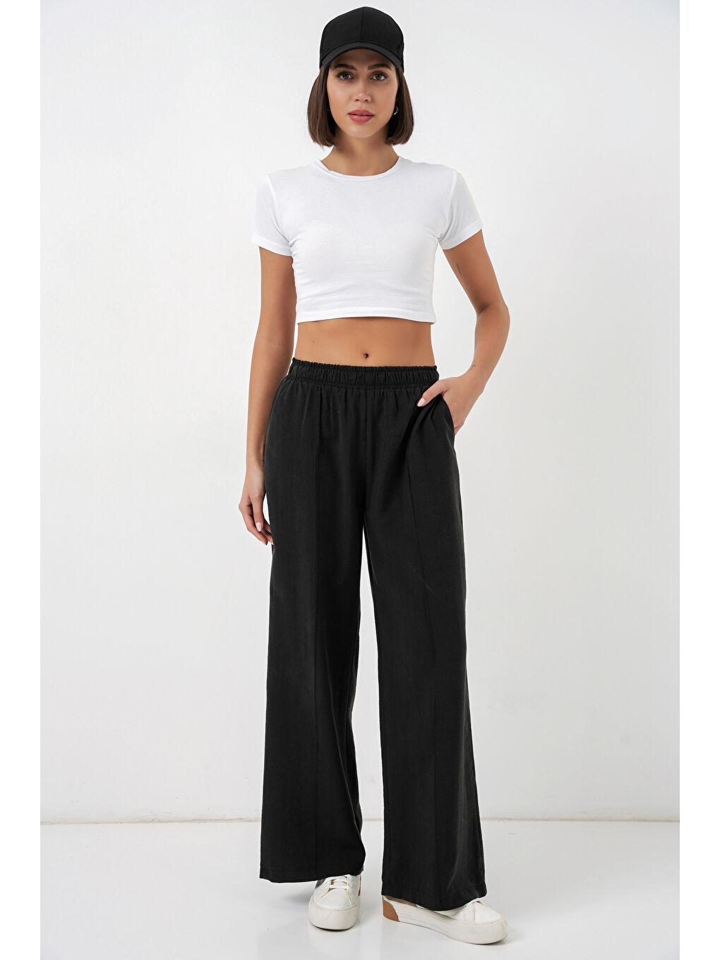 Kadın Beli Lastikli Bol Paça Pantolon 30087 - Siyah-2