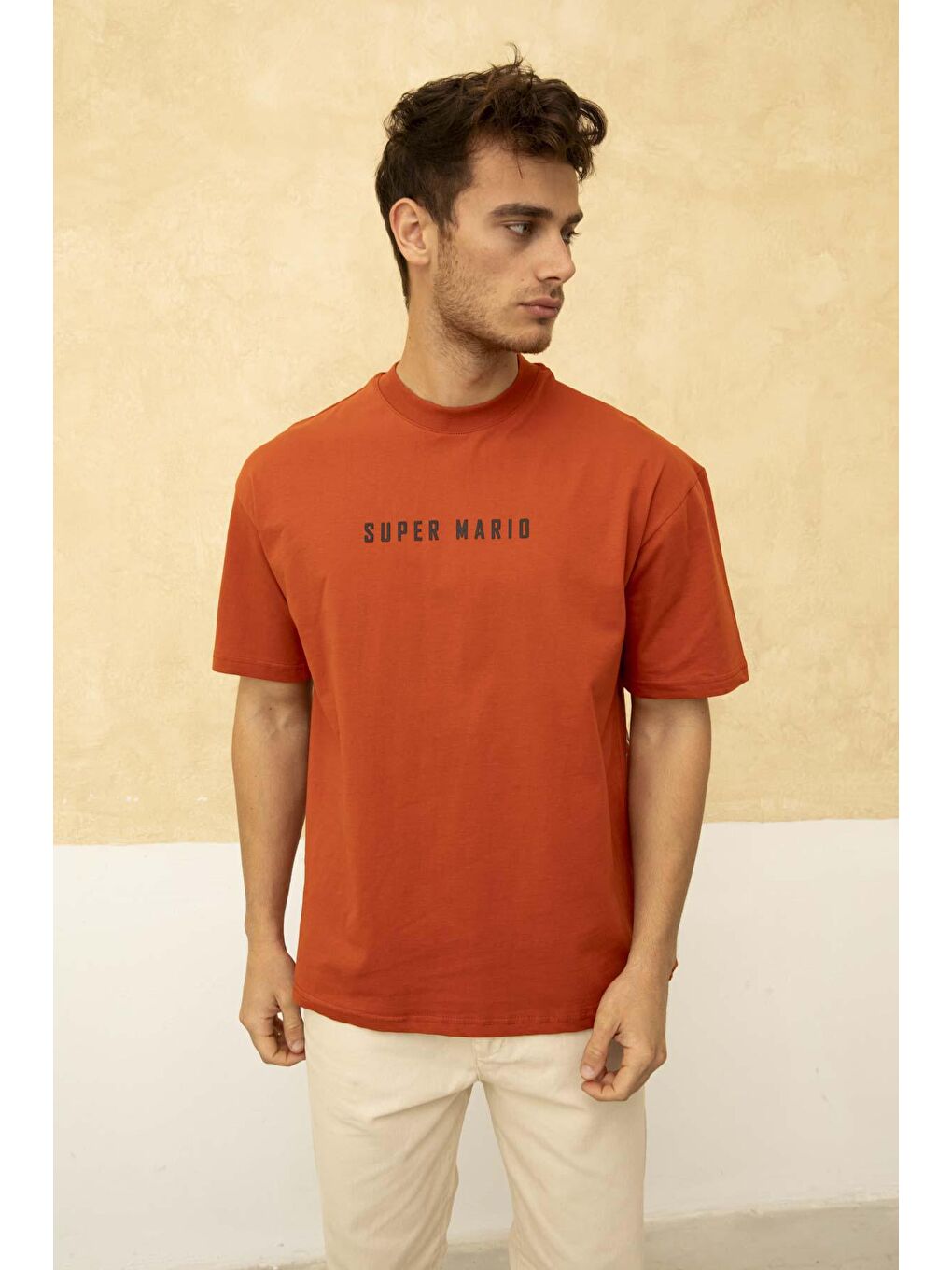 Turuncu Erkek Super Mario Ön ve Arka Baskılı Bisiklet Yaka Tişört