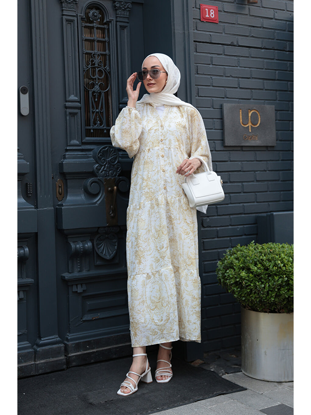 Kadın Pastoral Desen Elbise Sarı-1