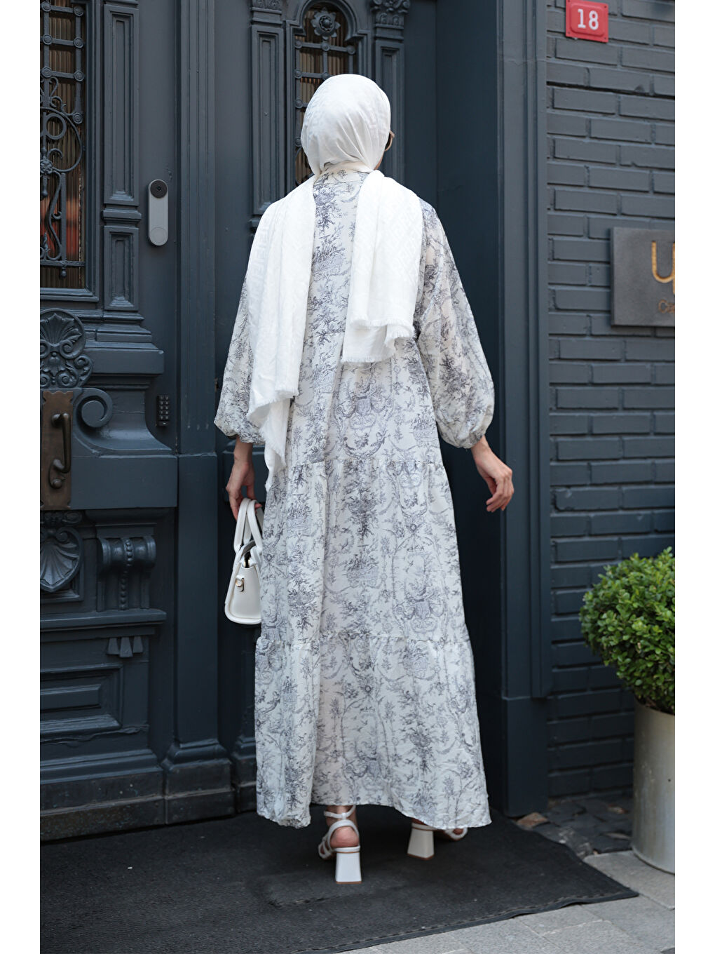 Gri Kadın Pastoral Desen Elbise Füme-3