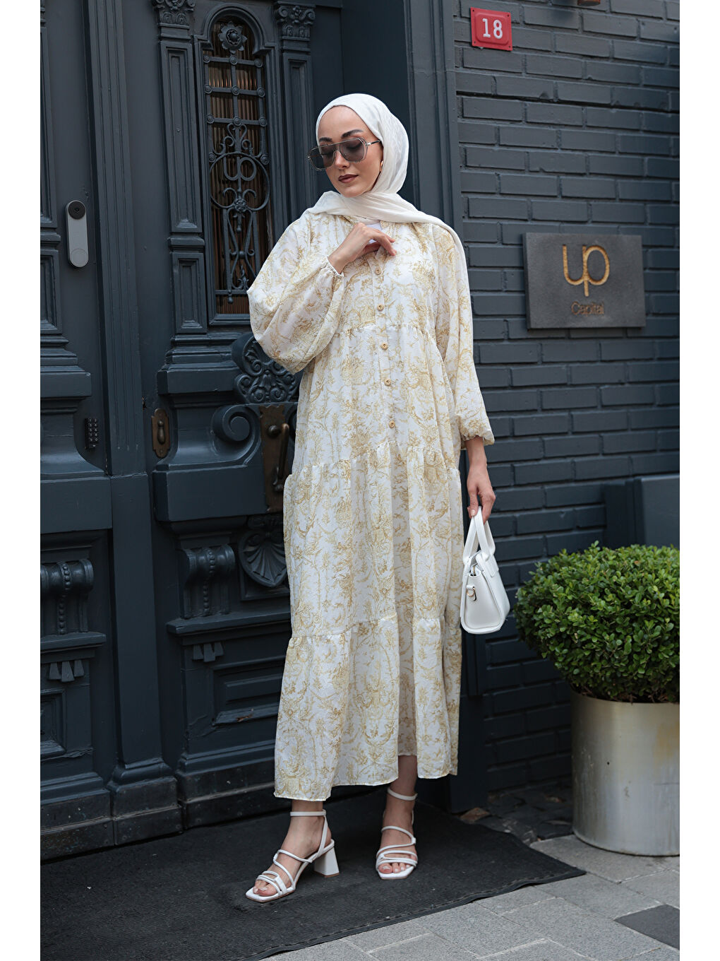 Kadın Pastoral Desen Elbise Sarı-2