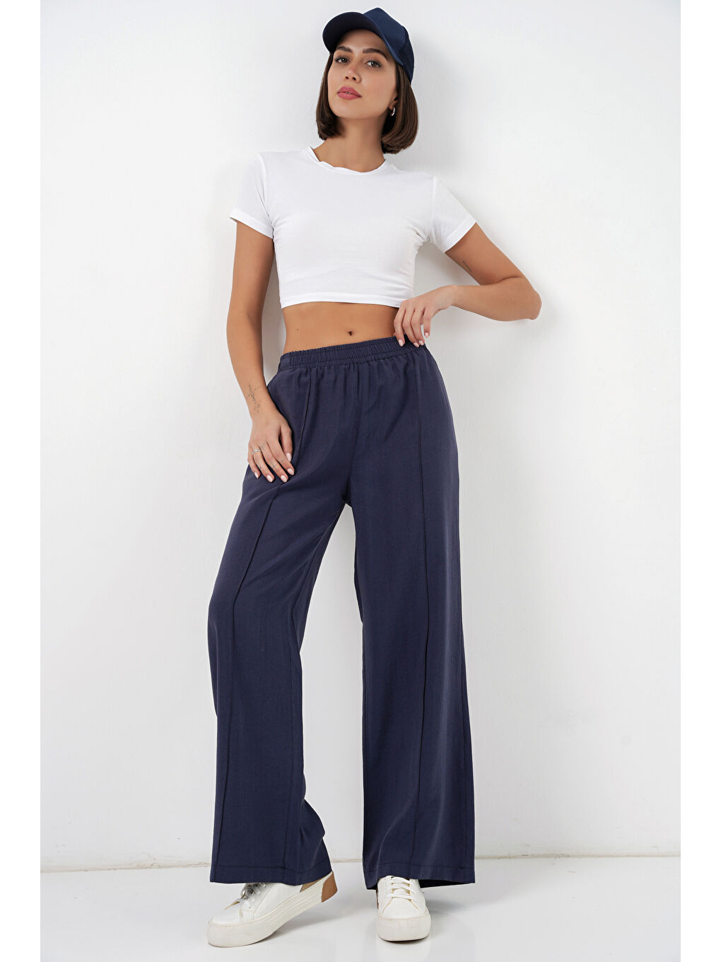 Kadın Beli Lastikli Bol Paça Pantolon 30087 - Lacivert