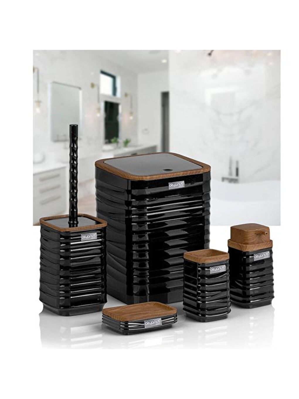 Luna Ahşap Görünümlü Kare 5’li Banyo Seti - Siyah / Kahverengi