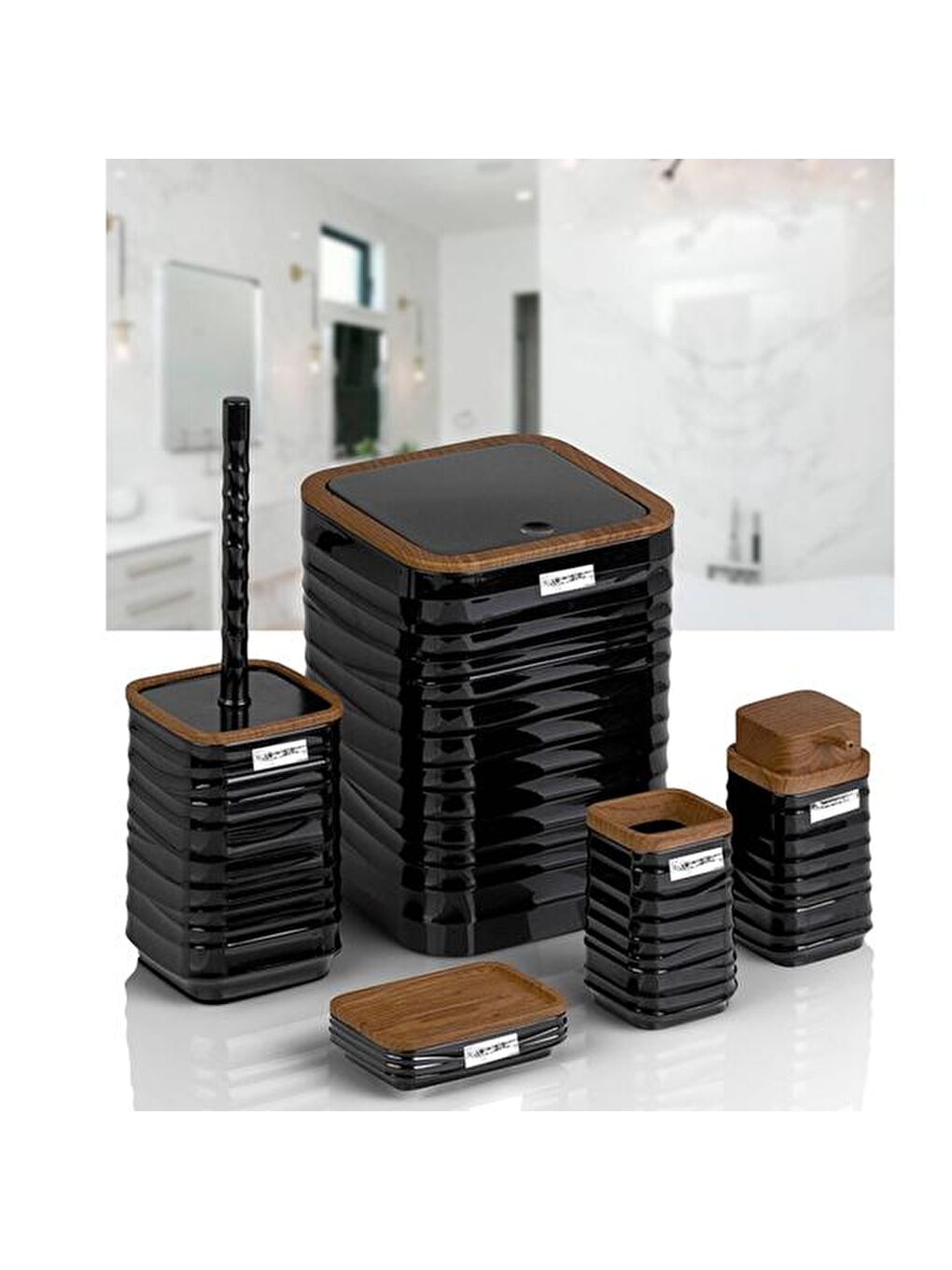 Luna Ahşap Görünümlü Kare 5’li Banyo Seti - Siyah / Kahverengi-2