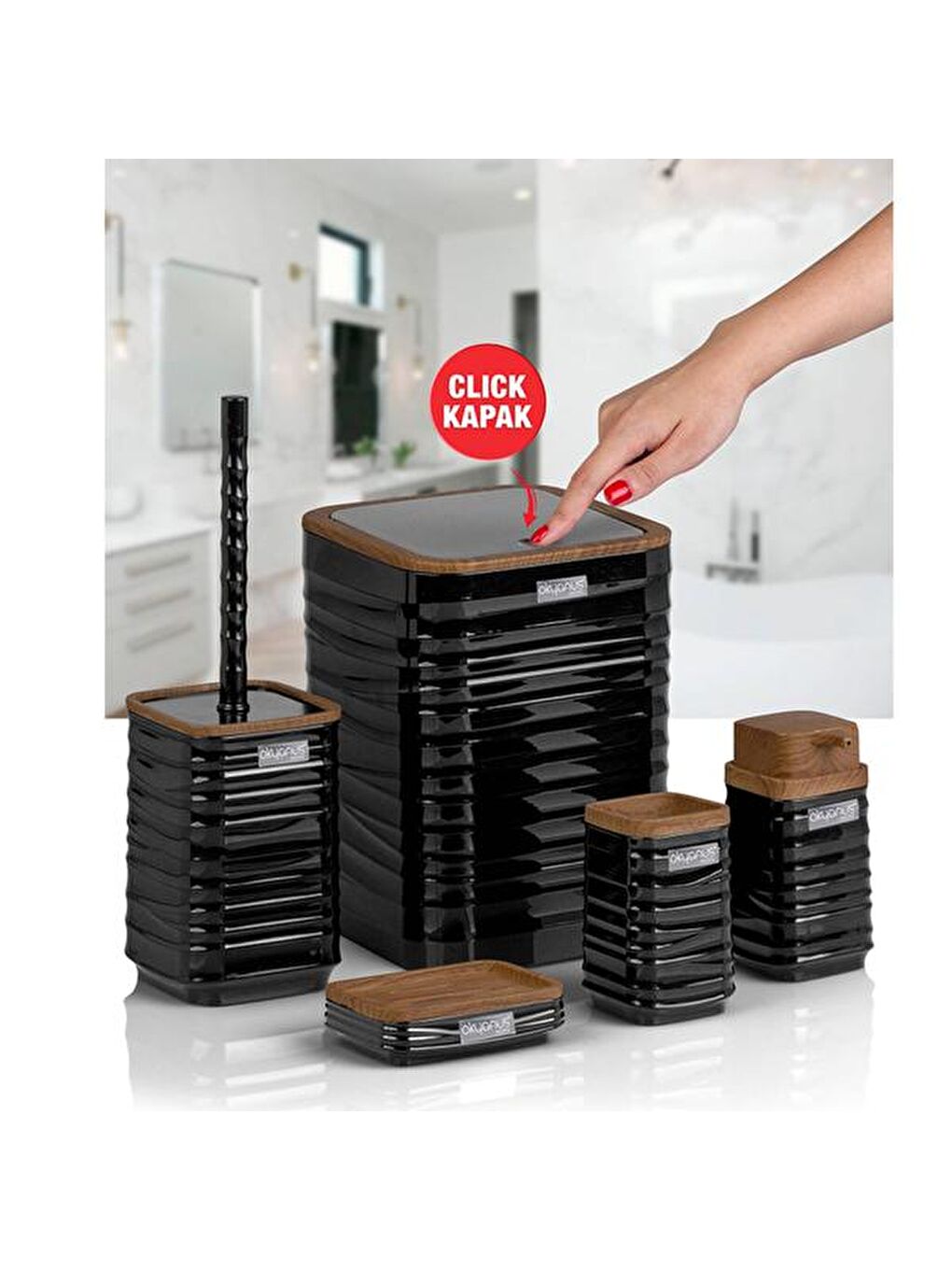 Luna Ahşap Görünümlü Kare 5’li Banyo Seti - Siyah / Kahverengi-3