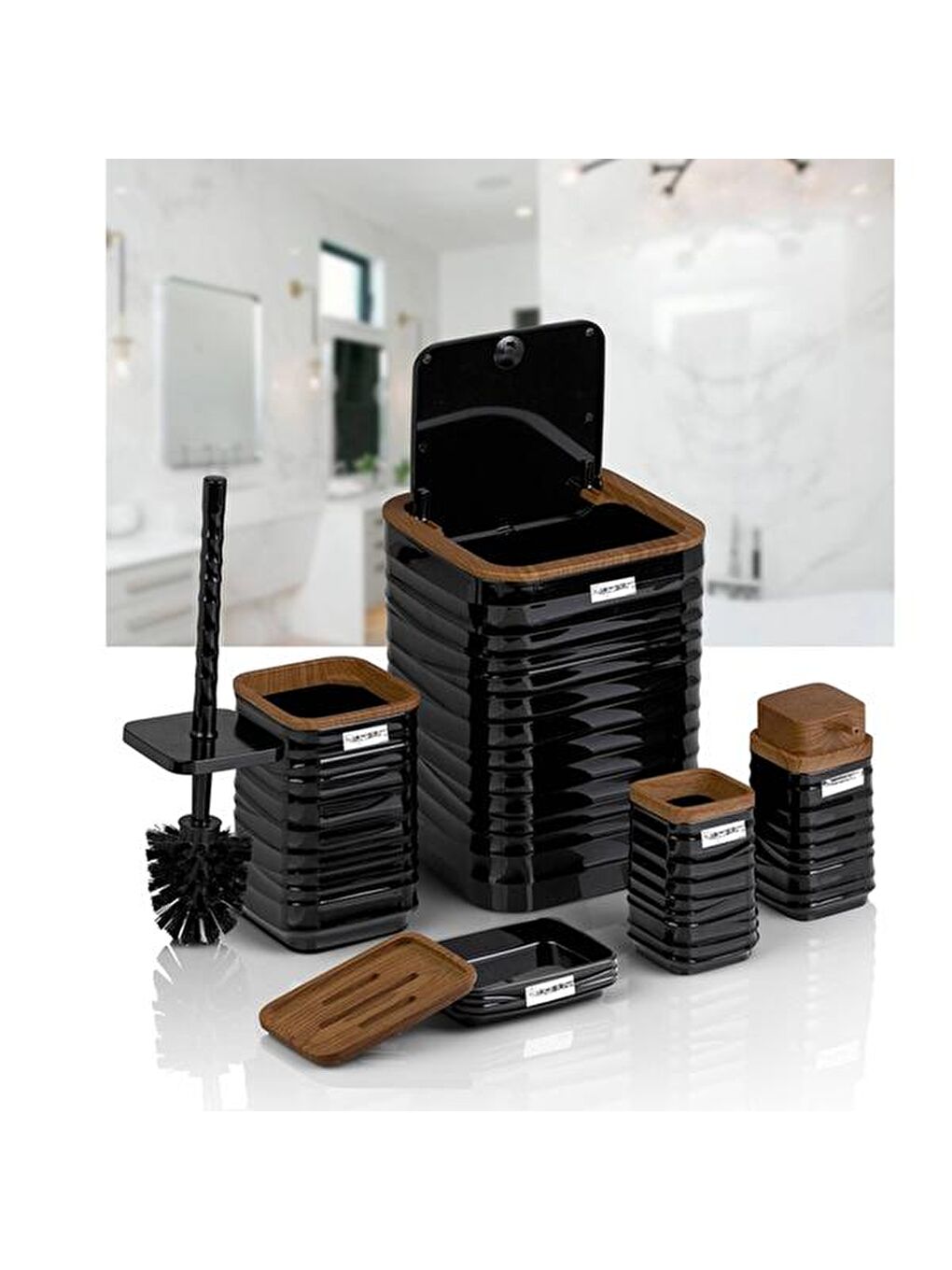 Luna Ahşap Görünümlü Kare 5’li Banyo Seti - Siyah / Kahverengi-4