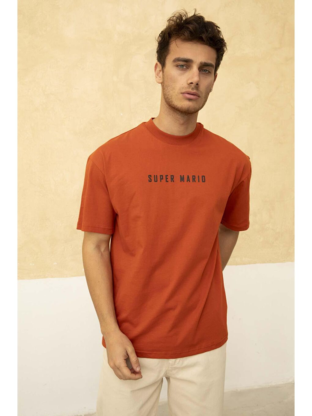 Turuncu Erkek Super Mario Ön ve Arka Baskılı Bisiklet Yaka Tişört-1