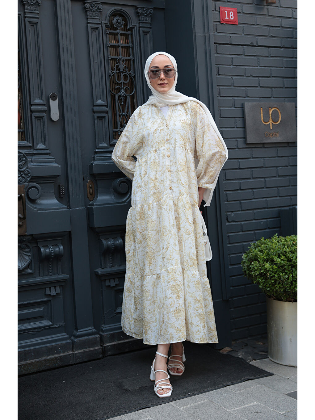 Kadın Pastoral Desen Elbise Sarı-3