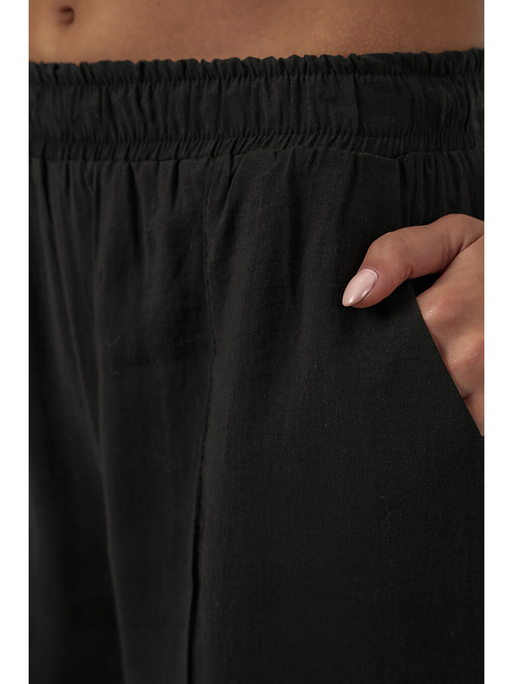 Kadın Beli Lastikli Bol Paça Pantolon 30087 - Siyah-5
