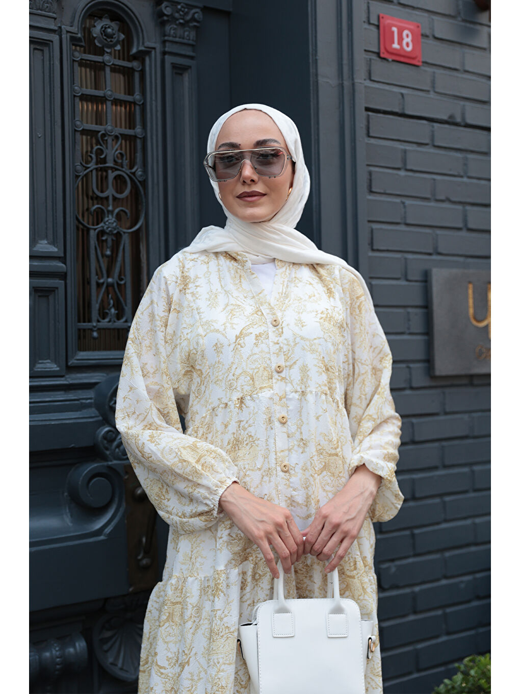 Kadın Pastoral Desen Elbise Sarı-4