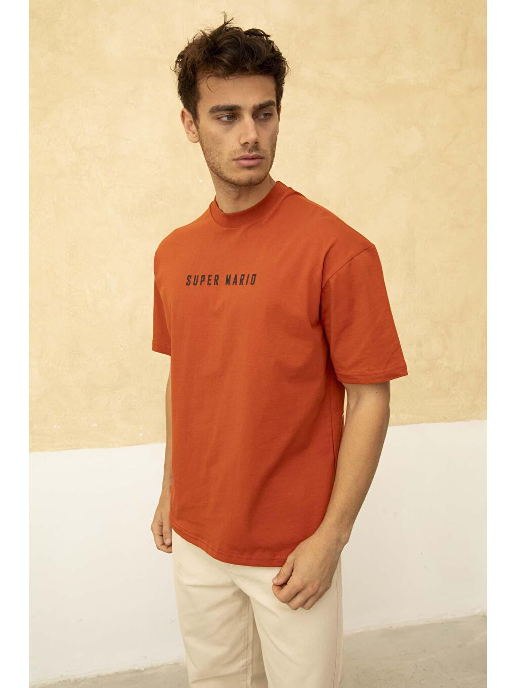Turuncu Erkek Super Mario Ön ve Arka Baskılı Bisiklet Yaka Tişört-2