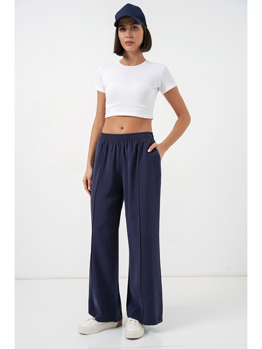 Kadın Beli Lastikli Bol Paça Pantolon 30087 - Lacivert-2