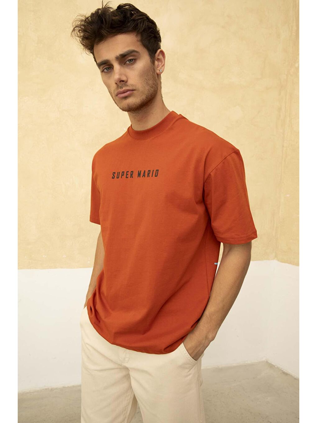 Turuncu Erkek Super Mario Ön ve Arka Baskılı Bisiklet Yaka Tişört-3