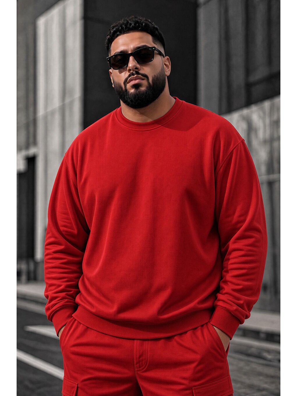 Kırmızı John Erkek İki İpli Şardonlu Düz Renk Günlük Battal Büyük Beden Bisiklet Yaka Sweatshirt