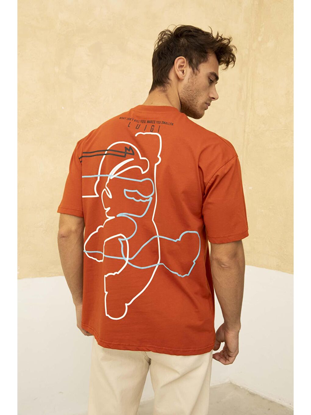 Turuncu Erkek Super Mario Ön ve Arka Baskılı Bisiklet Yaka Tişört-4