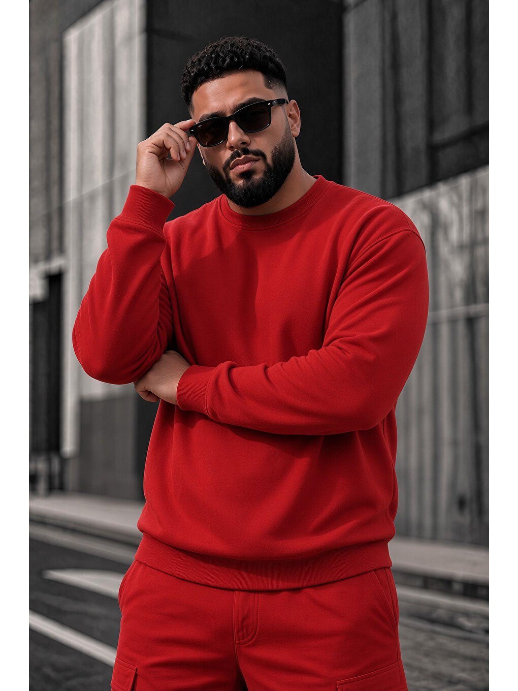 Kırmızı John Erkek İki İpli Şardonlu Düz Renk Günlük Battal Büyük Beden Bisiklet Yaka Sweatshirt-1