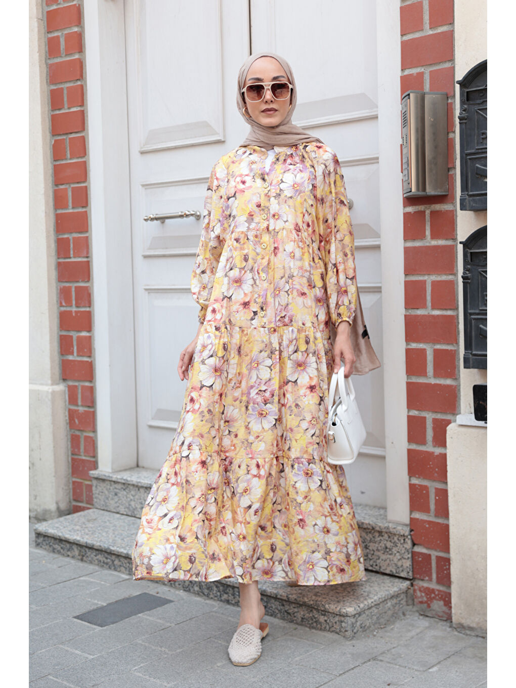 Kadın Nergis Desen Elbise Sarı