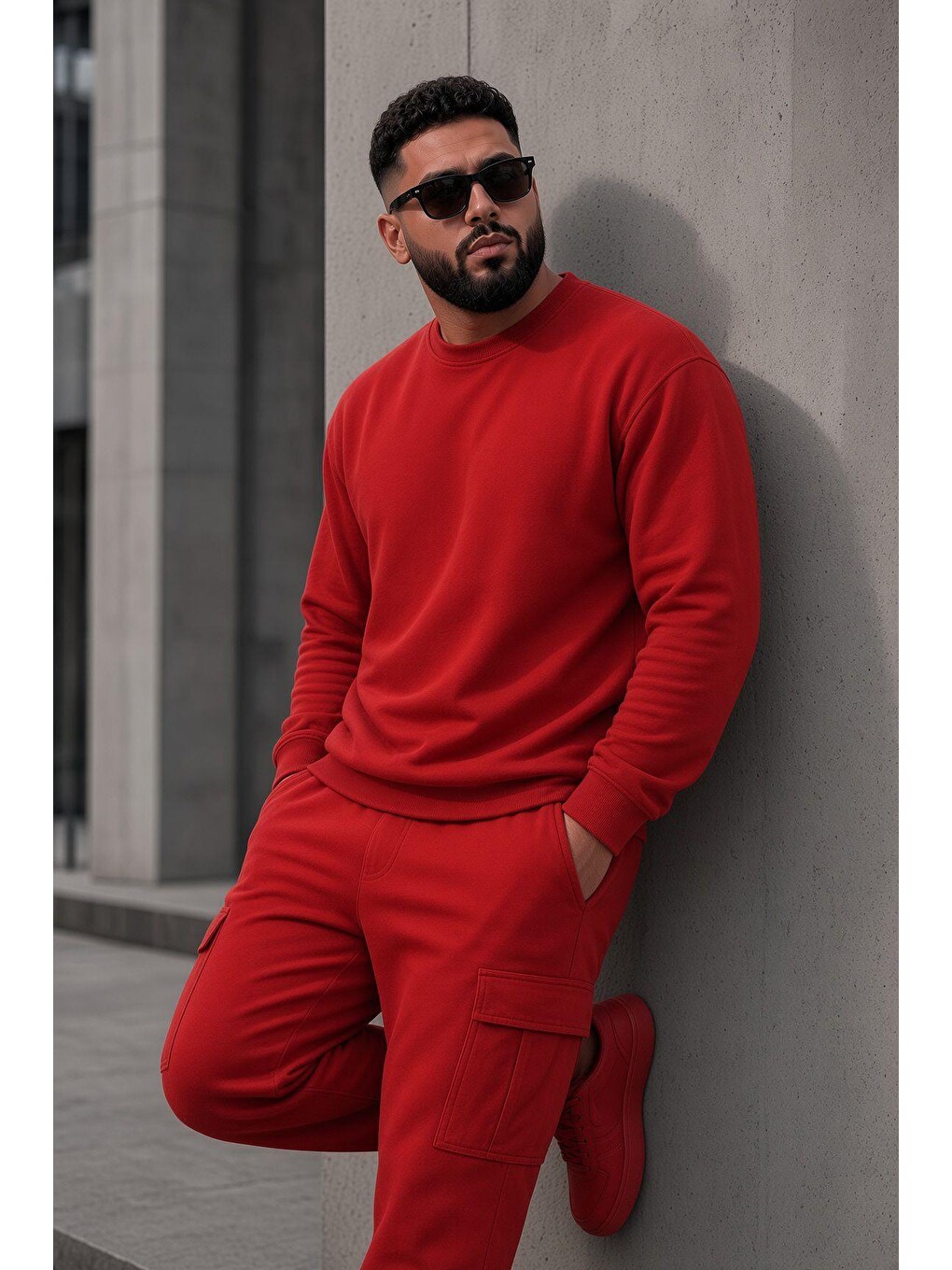 Kırmızı John Erkek İki İpli Şardonlu Düz Renk Günlük Battal Büyük Beden Bisiklet Yaka Sweatshirt-2