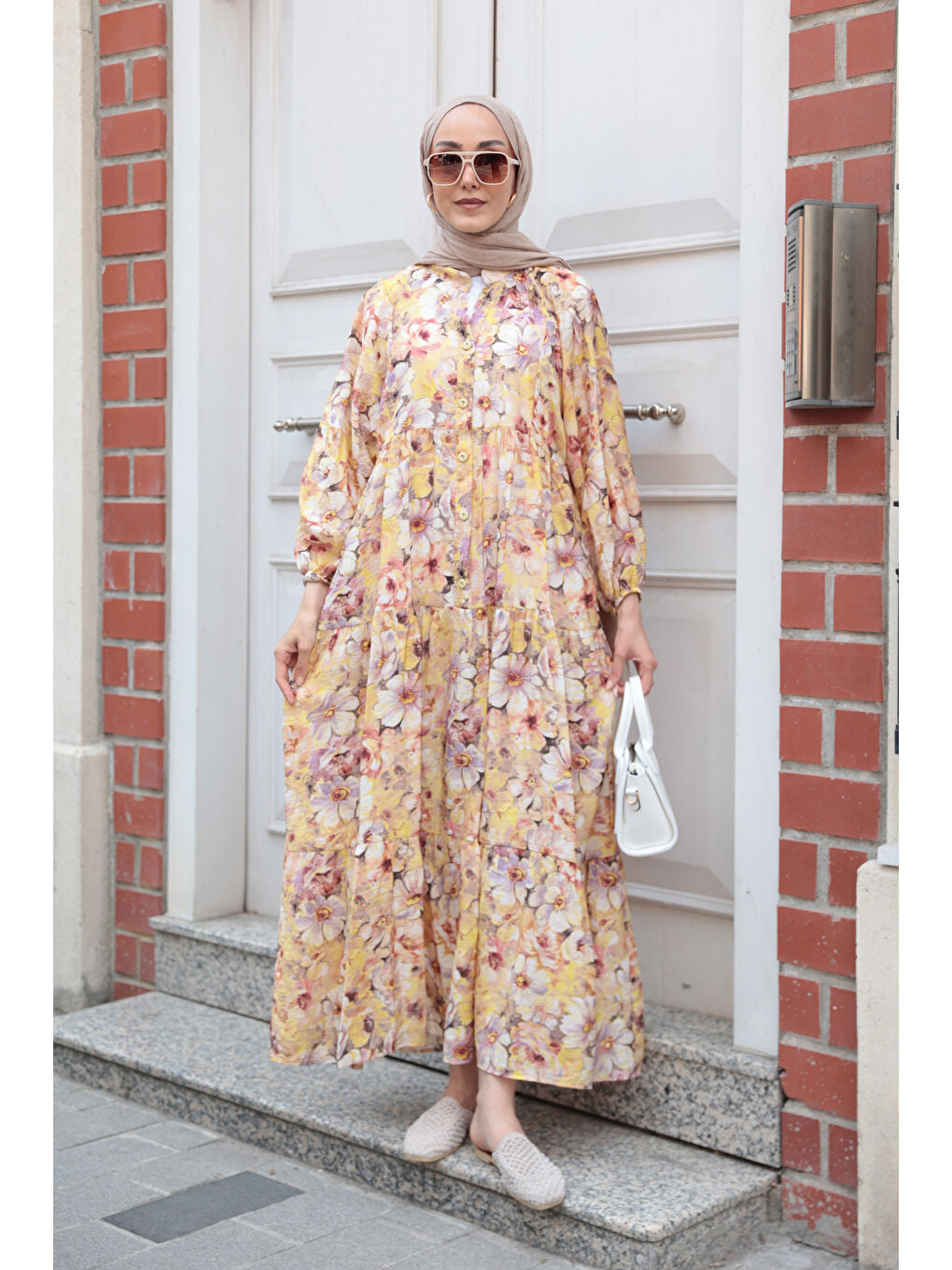 Kadın Nergis Desen Elbise Sarı-1