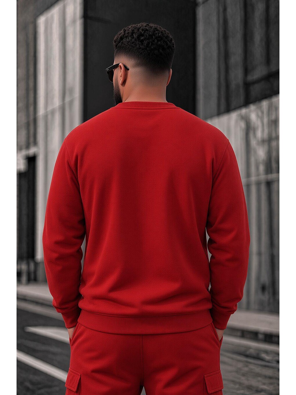 Kırmızı John Erkek İki İpli Şardonlu Düz Renk Günlük Battal Büyük Beden Bisiklet Yaka Sweatshirt-3