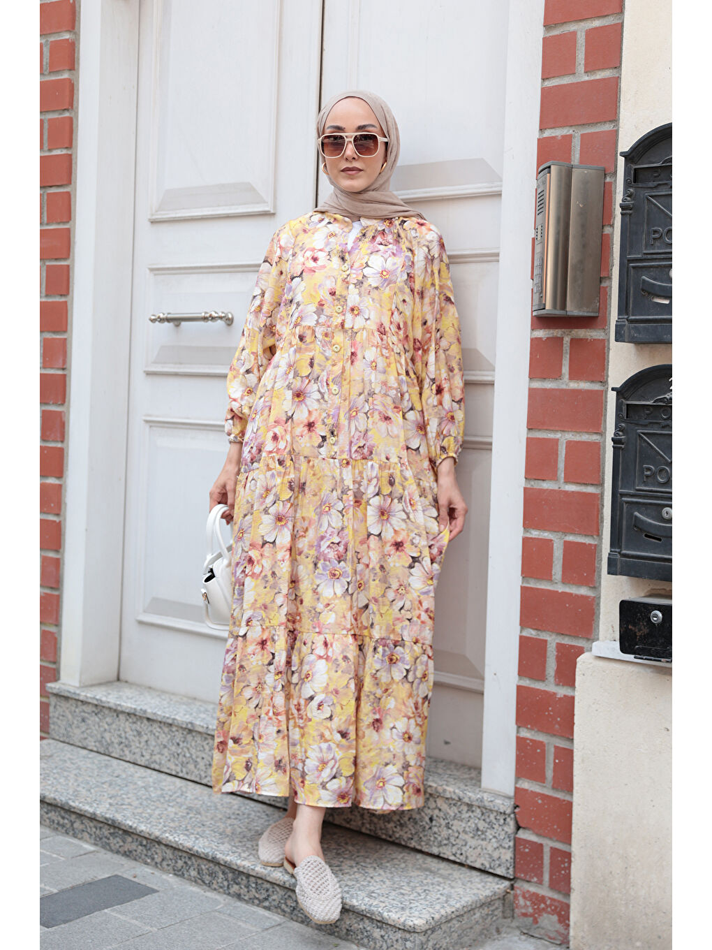 Kadın Nergis Desen Elbise Sarı-2