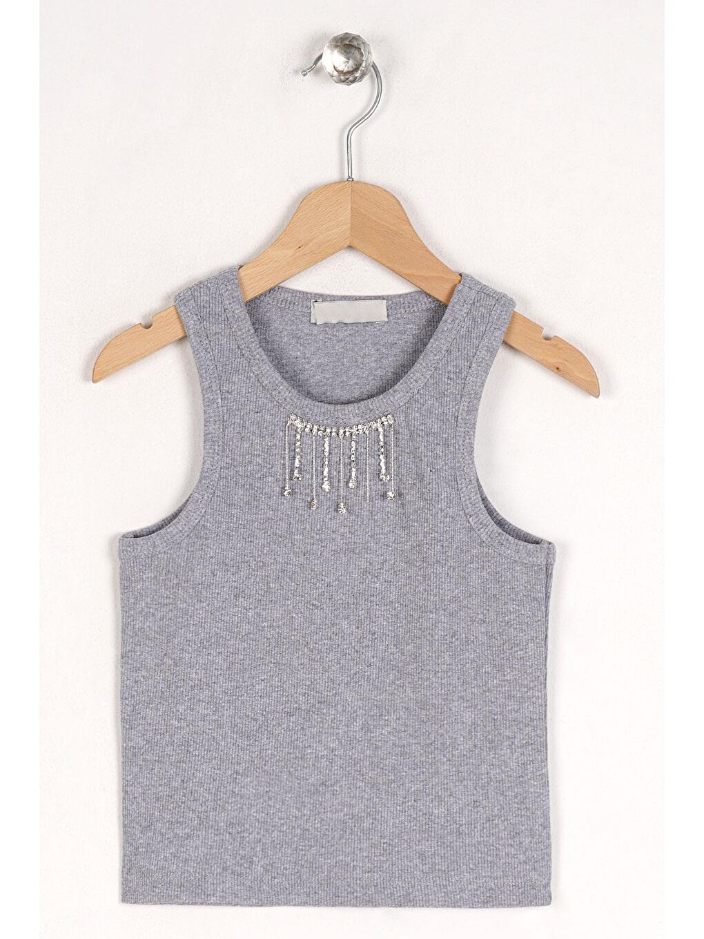 Bisiklet Yaka Sıfır Kol Gri Melanj Renk Kız Çocuk Taşlı Crop Tshirt-2