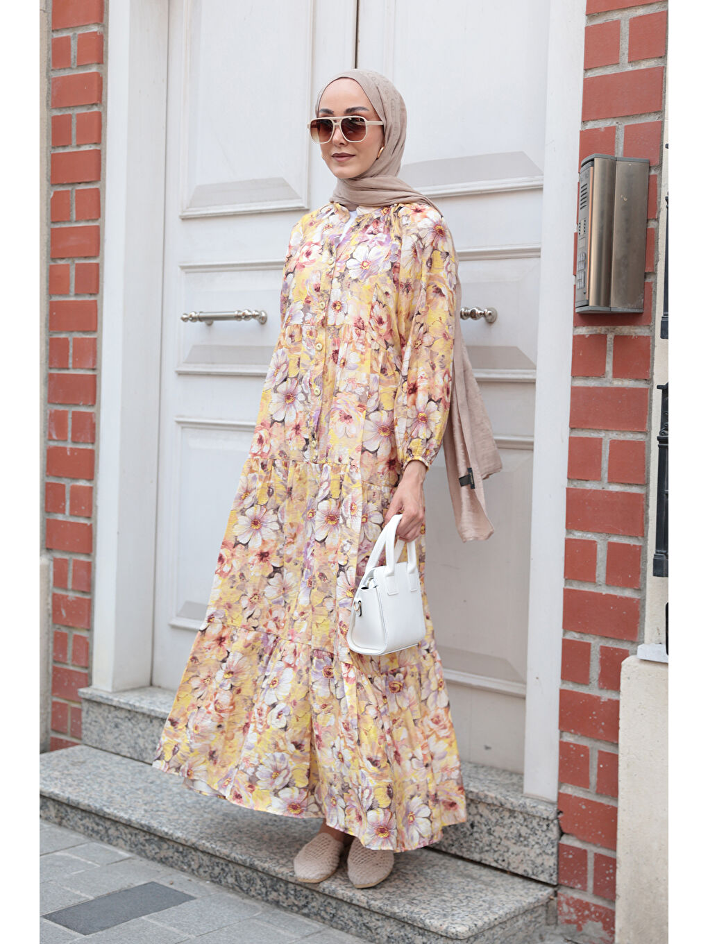 Kadın Nergis Desen Elbise Sarı-3