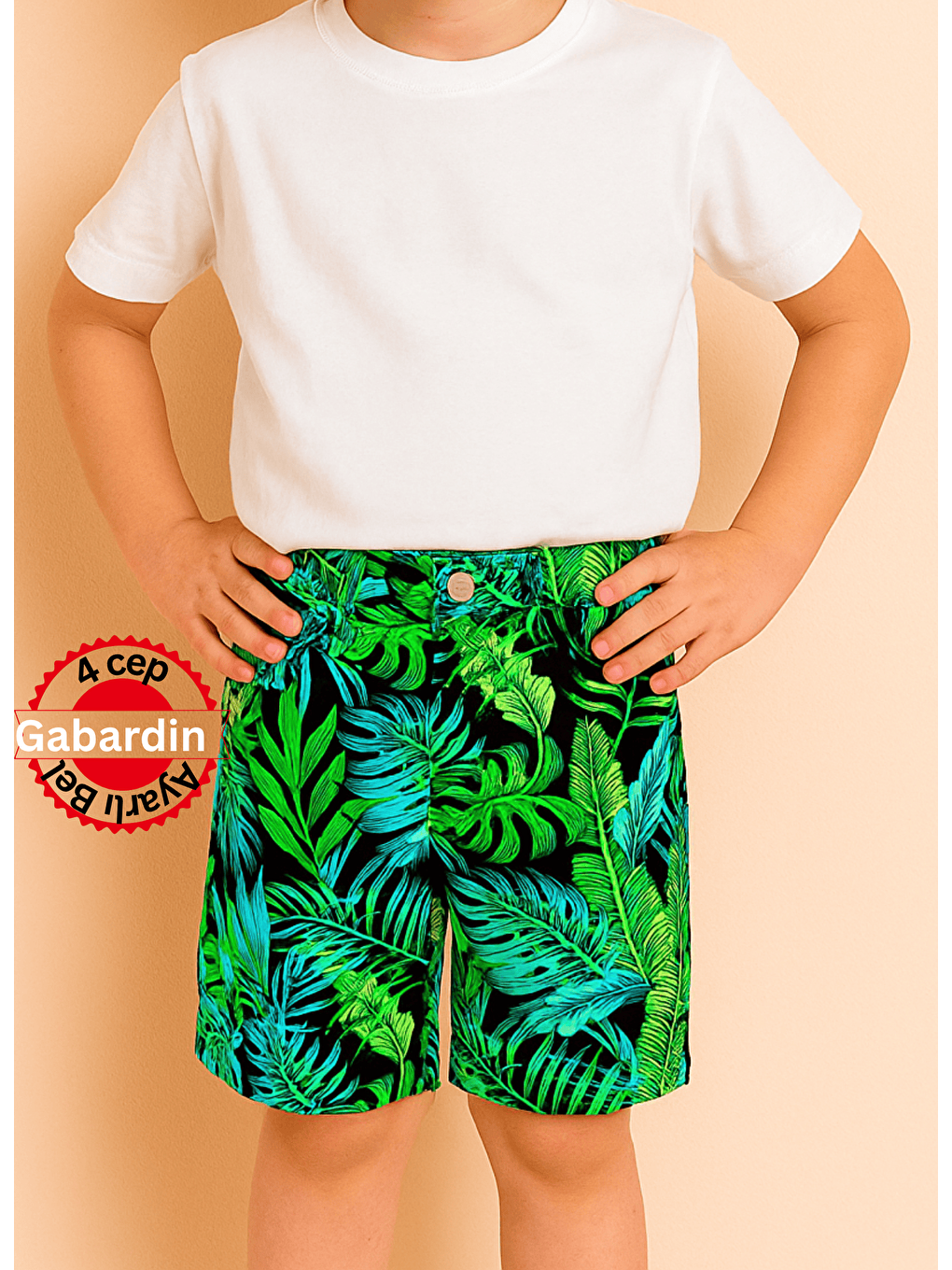 Siyah Yaprak Desenli 5 Cepli Gabardin Hawaii Erkek Çocuk Uzun Şort