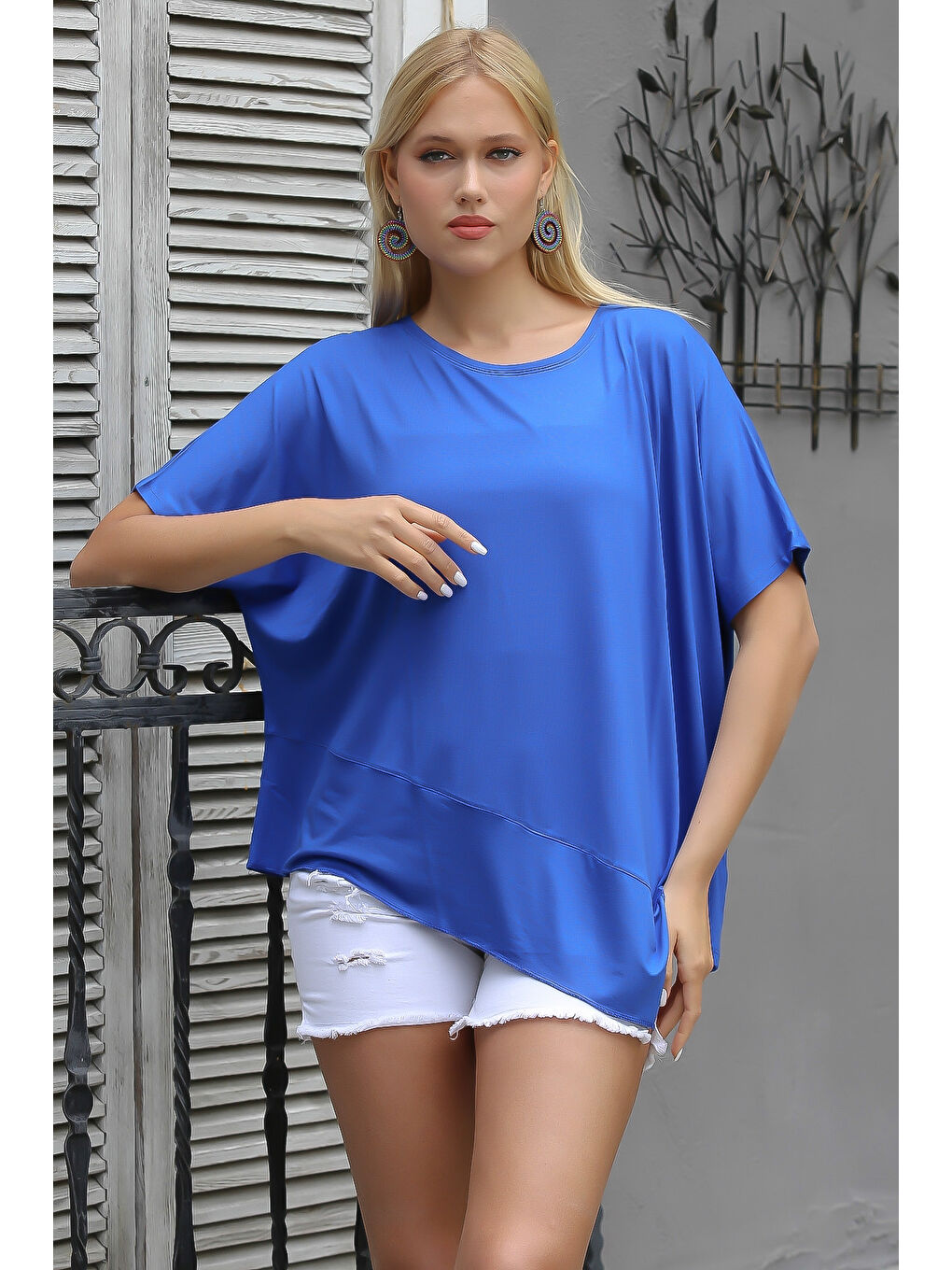 Mavi Yuvarlak Yaka Yarasa Kol Örme Asimetrik Bluz-2