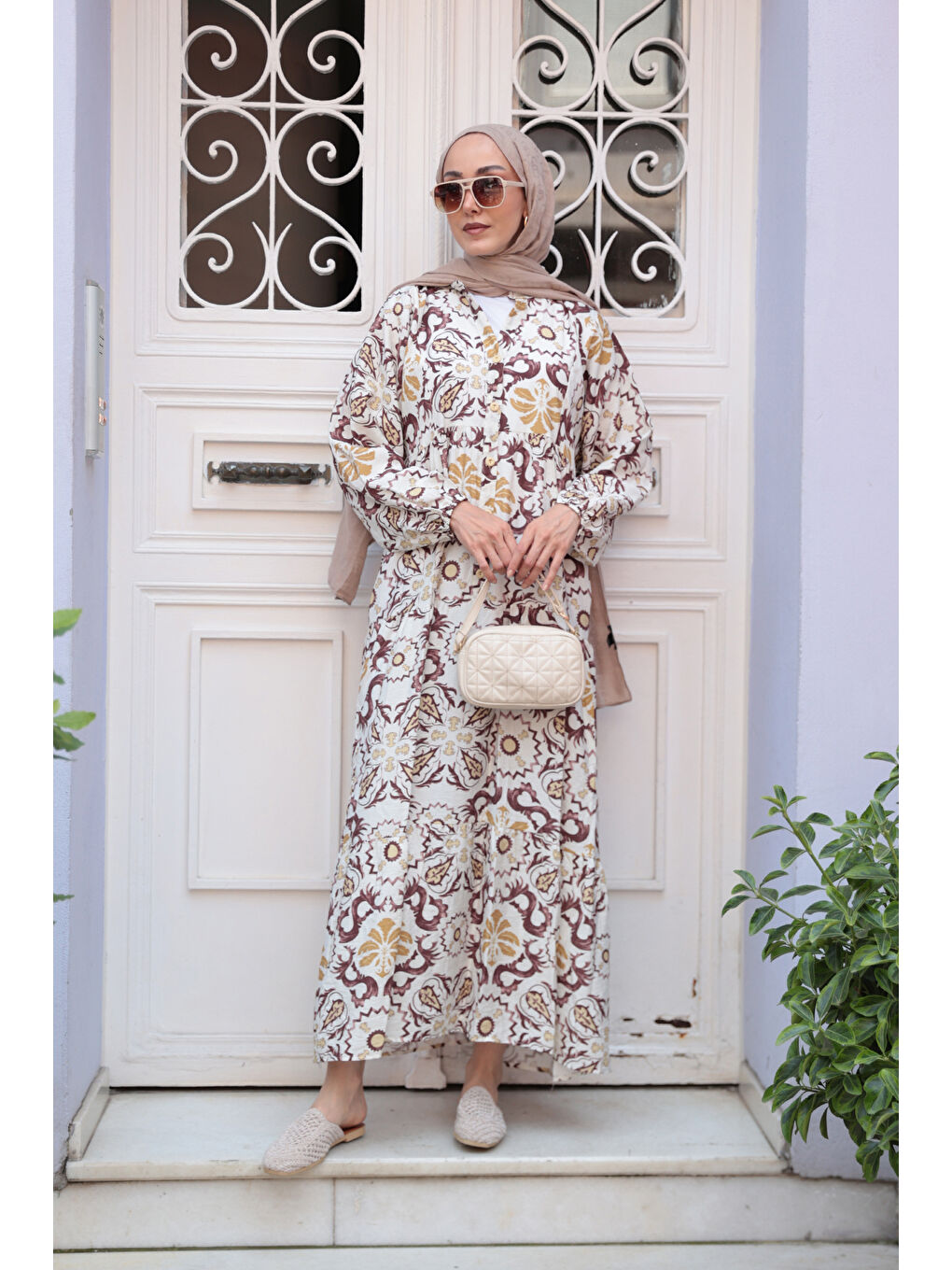 Kadın Anadolu Esintisi Desen Elbise  Kahverengi-1