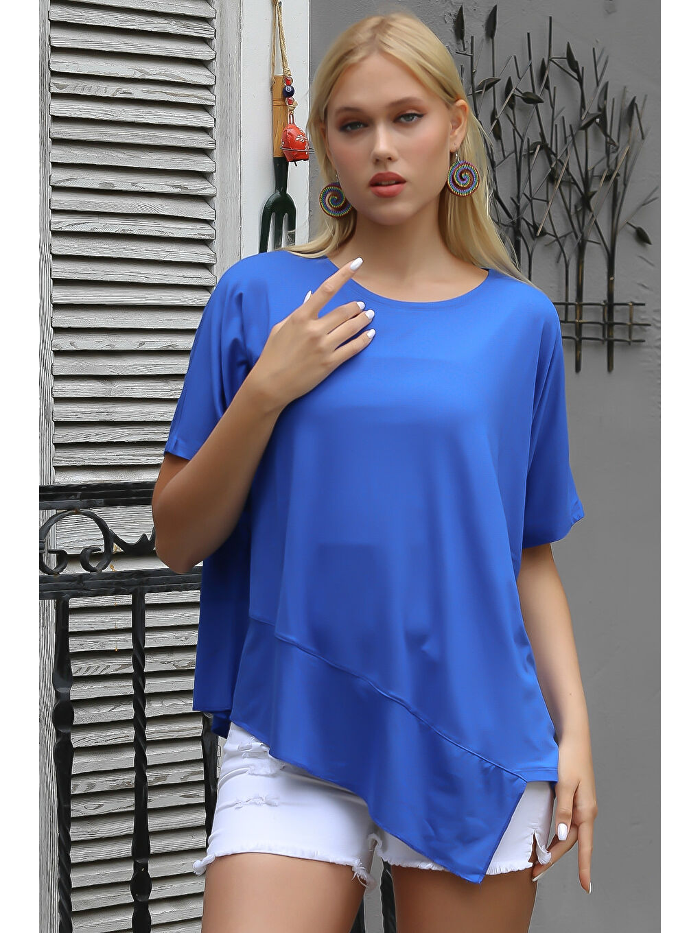 Mavi Yuvarlak Yaka Yarasa Kol Örme Asimetrik Bluz-5