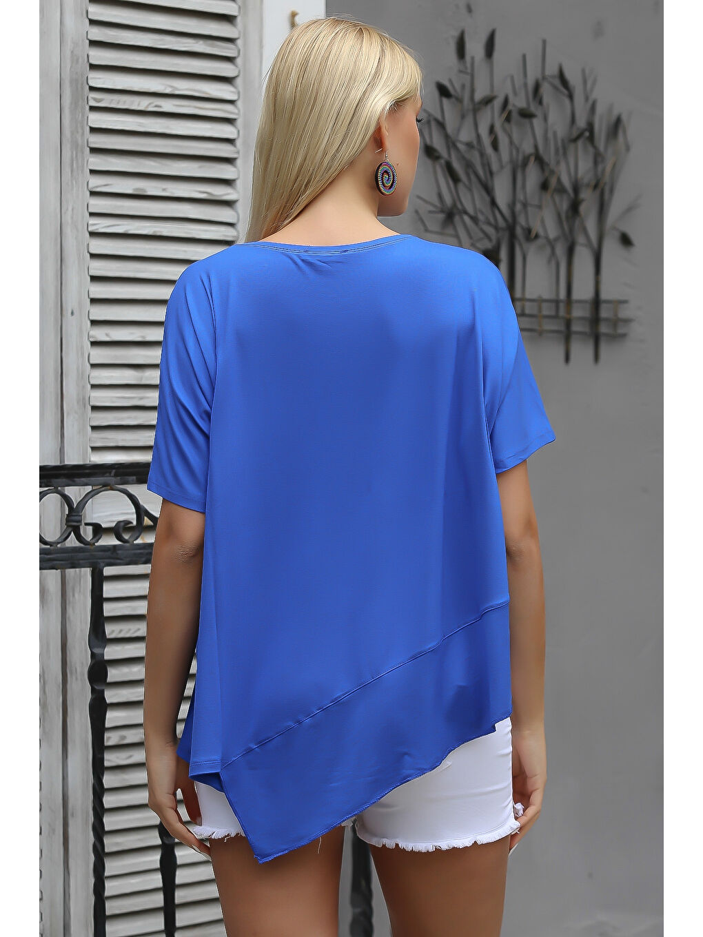 Mavi Yuvarlak Yaka Yarasa Kol Örme Asimetrik Bluz-6