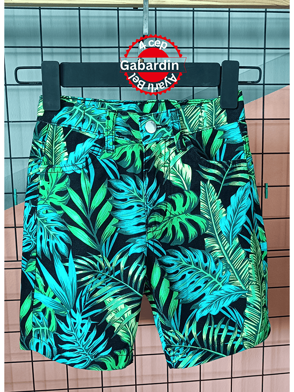 Siyah Yaprak Desenli 5 Cepli Gabardin Hawaii Erkek Çocuk Uzun Şort-1