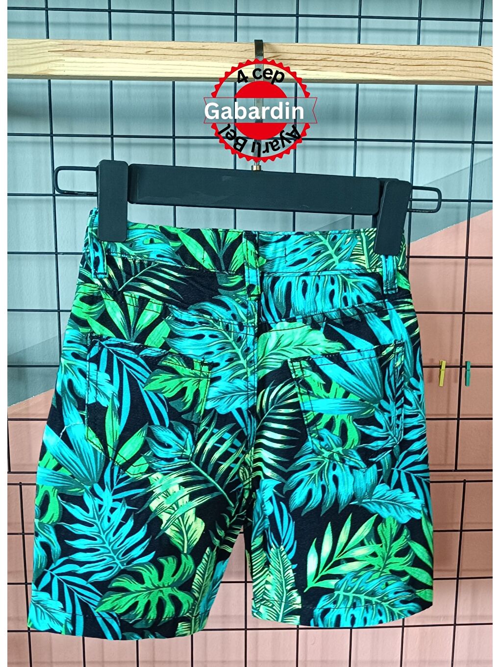 Siyah Yaprak Desenli 5 Cepli Gabardin Hawaii Erkek Çocuk Uzun Şort-2