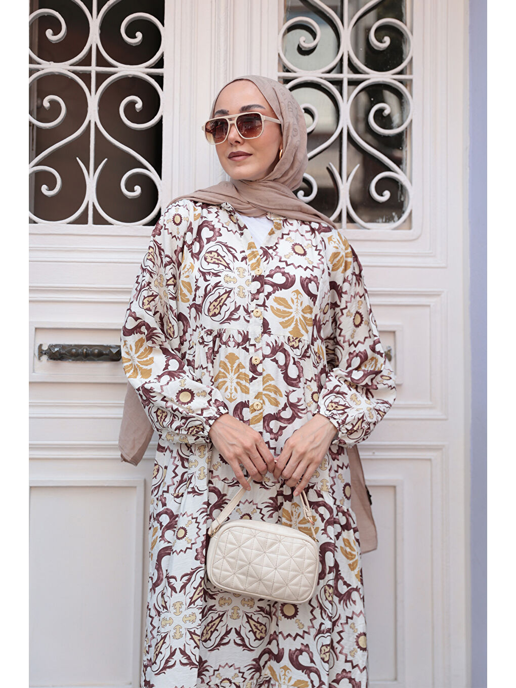 Kadın Anadolu Esintisi Desen Elbise  Kahverengi-3