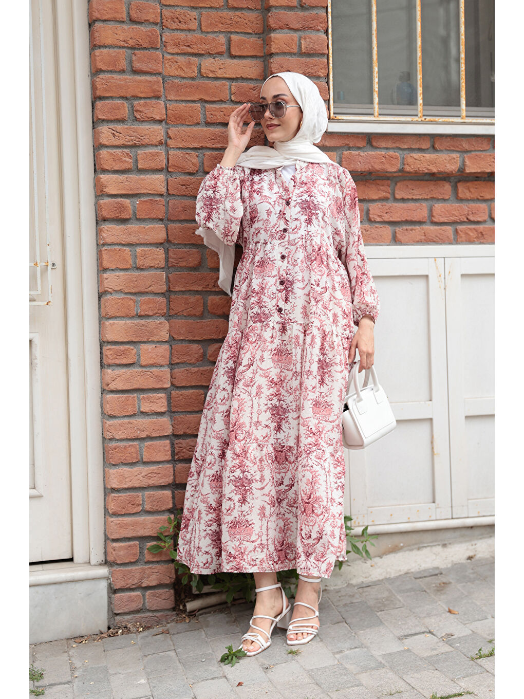 Pembe Kadın Pastoral Desen Elbise Pudra