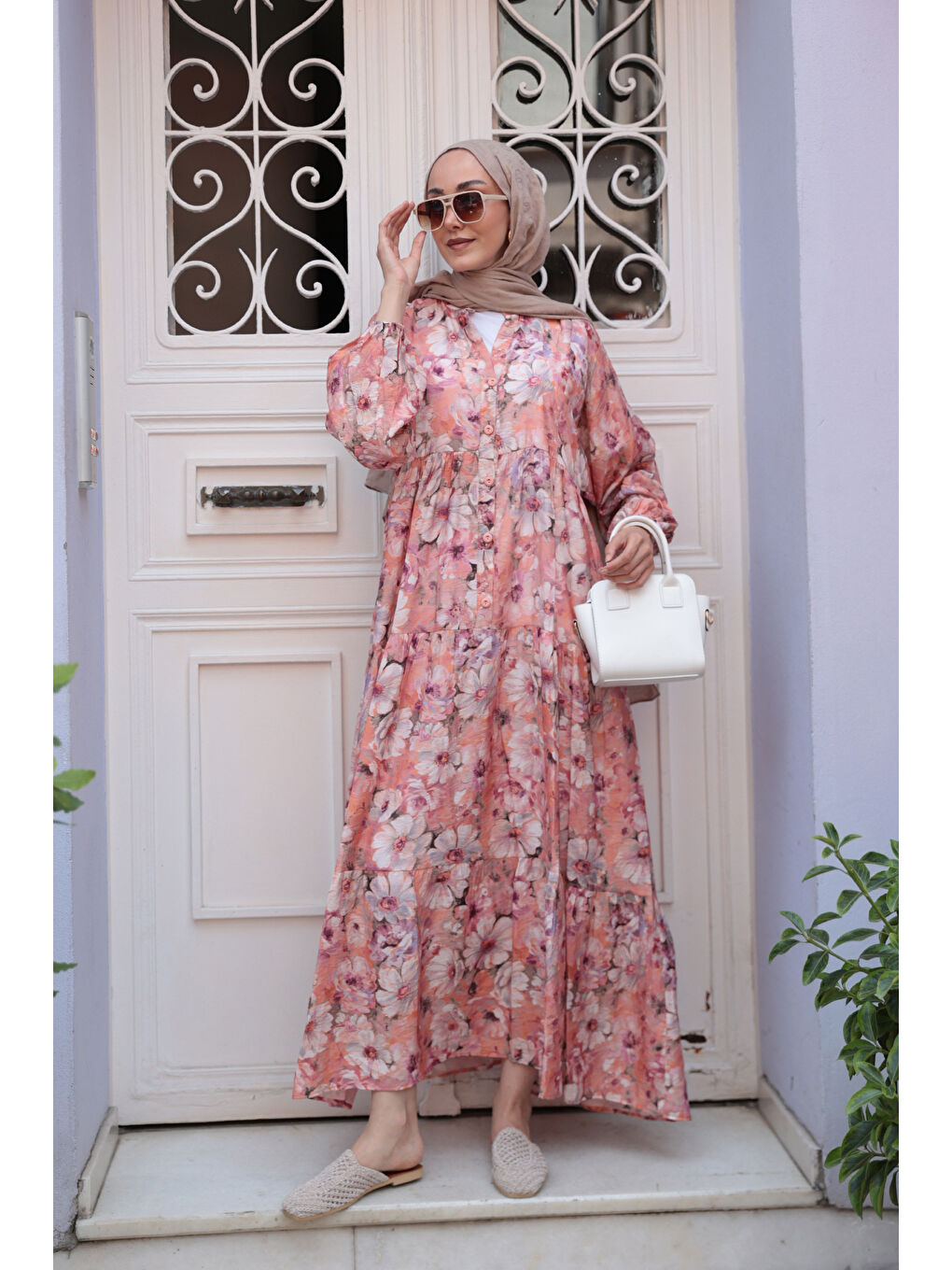 Pembe Kadın Nergis Desen Elbise Somon