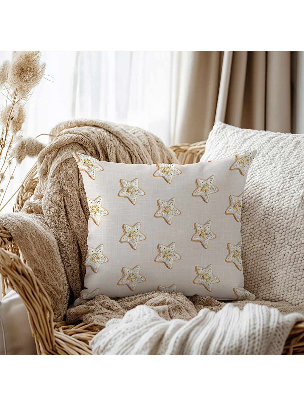 Bej Dekoratif Kırlent Kılıfı, Gold Yıldız Desenli, Çift Taraflı Baskılı Kadife 43x43 cm