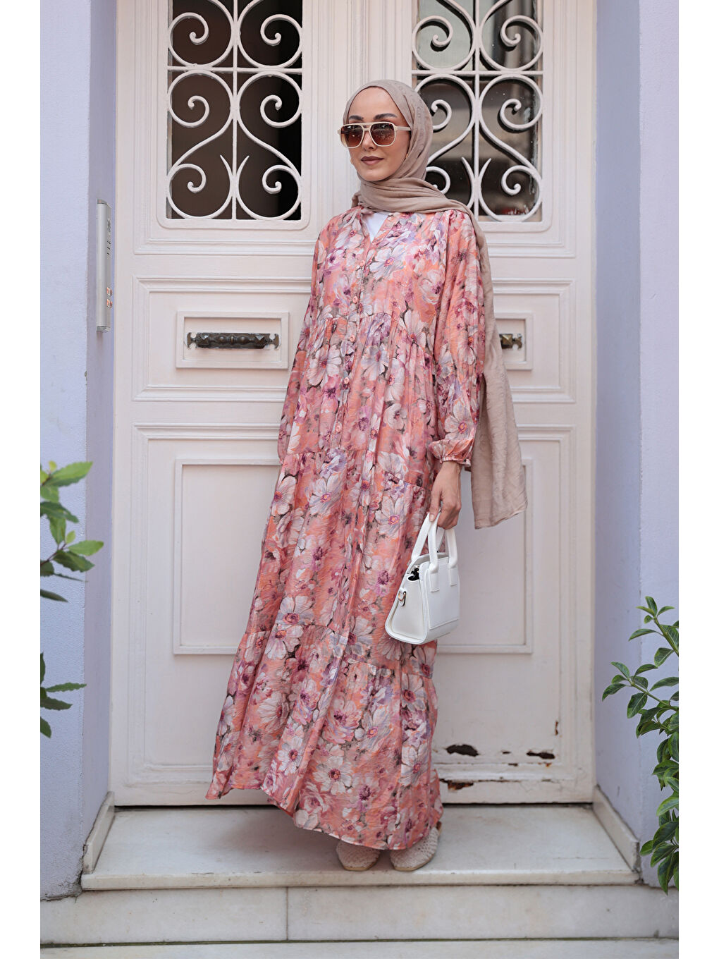 Pembe Kadın Nergis Desen Elbise Somon-1