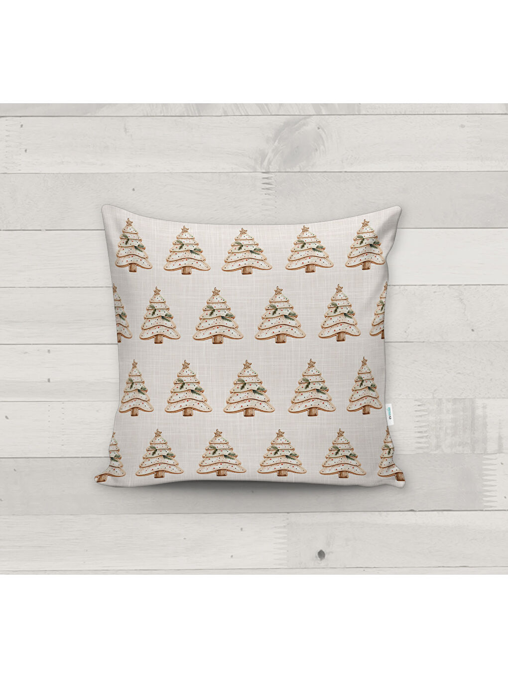 Bej Dekoratif Kırlent Kılıfı, Minimalist Yılbaşı Çam Ağacı Desenli, Çift Taraflı Baskılı Kadife 43x43 cm-1