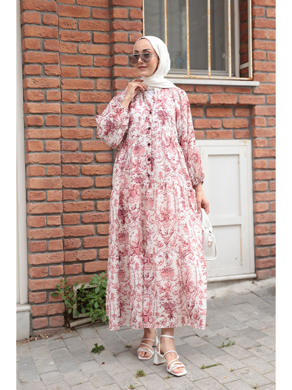 Pembe Kadın Pastoral Desen Elbise Pudra-2