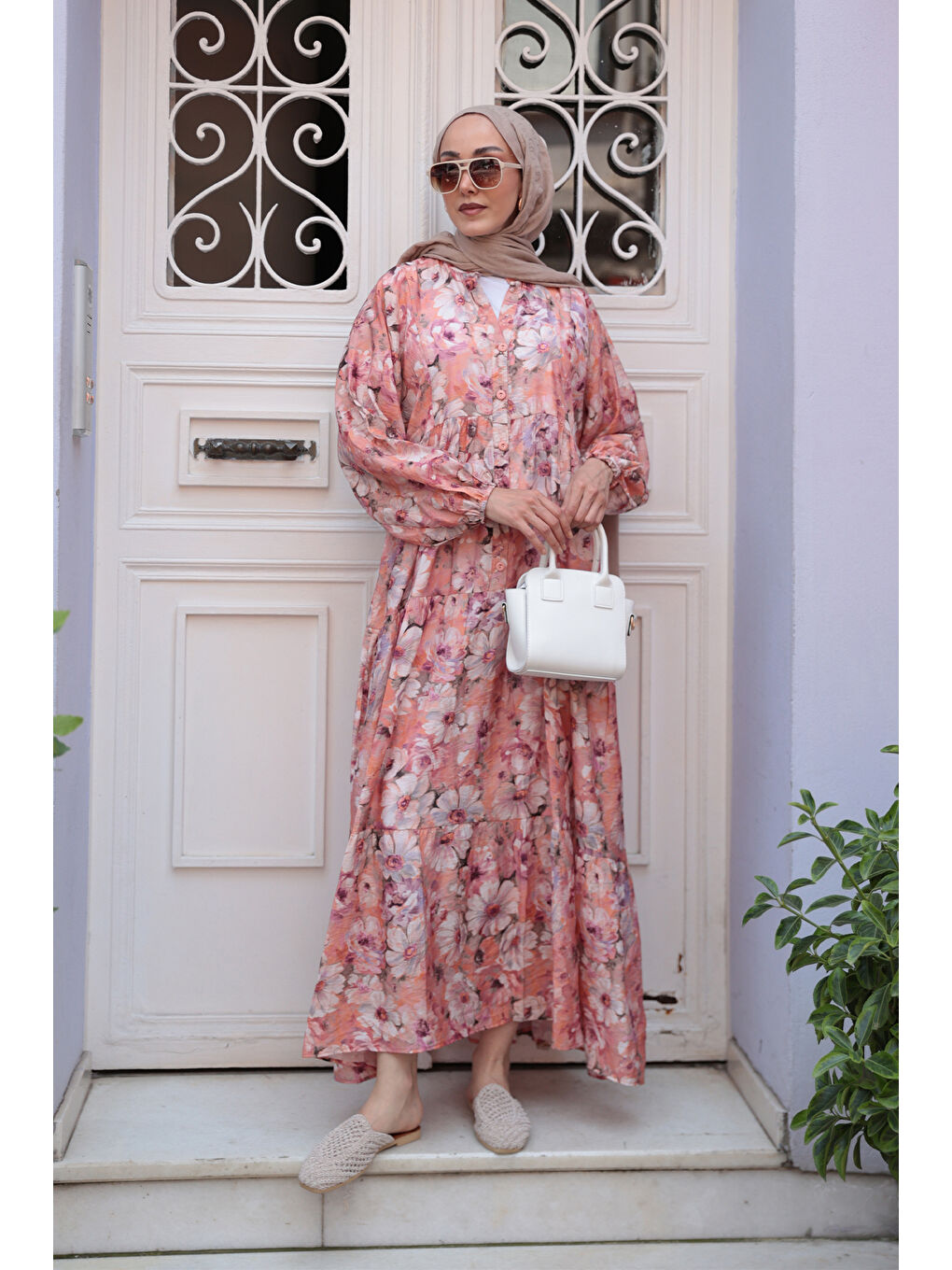 Pembe Kadın Nergis Desen Elbise Somon-2