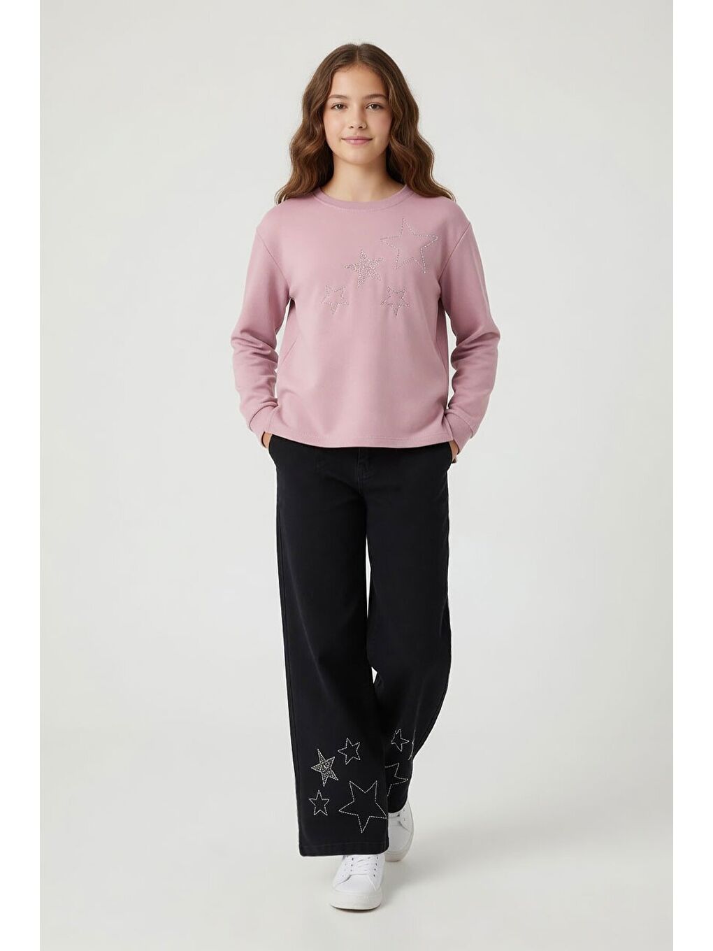 Pembe Gülkurusu Yıldız İşlemeli Badili Jean Pantolonlu Kız Çocuk 2li Takım 23973-1