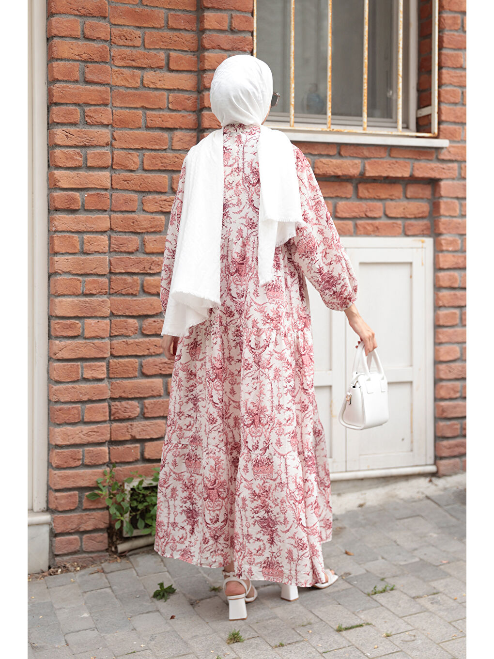 Pembe Kadın Pastoral Desen Elbise Pudra-3