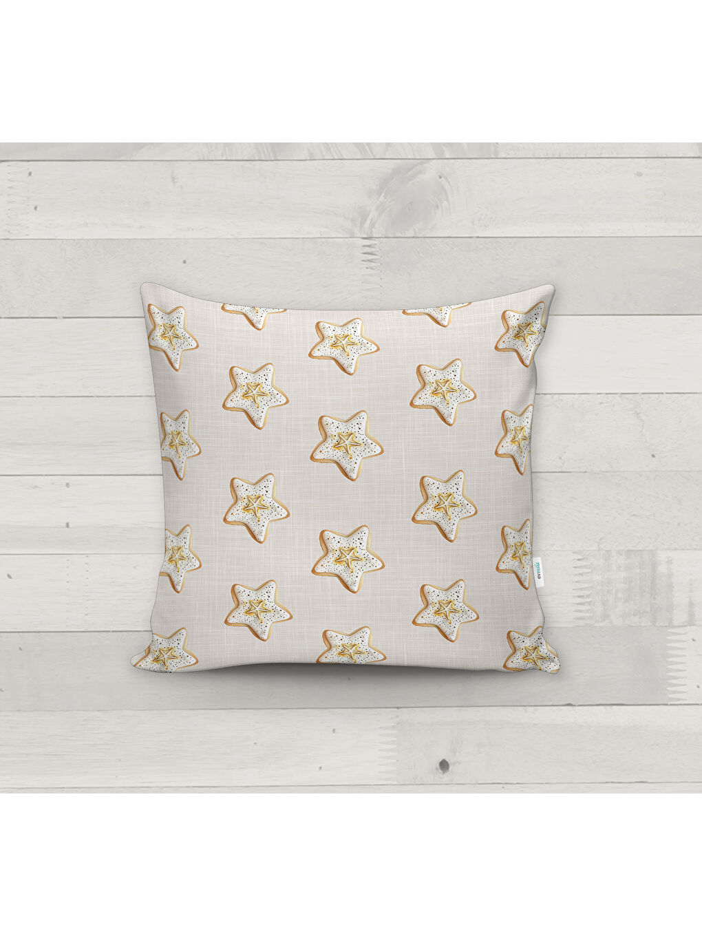 Bej Dekoratif Kırlent Kılıfı, Gold Yıldız Desenli, Çift Taraflı Baskılı Kadife 43x43 cm-1