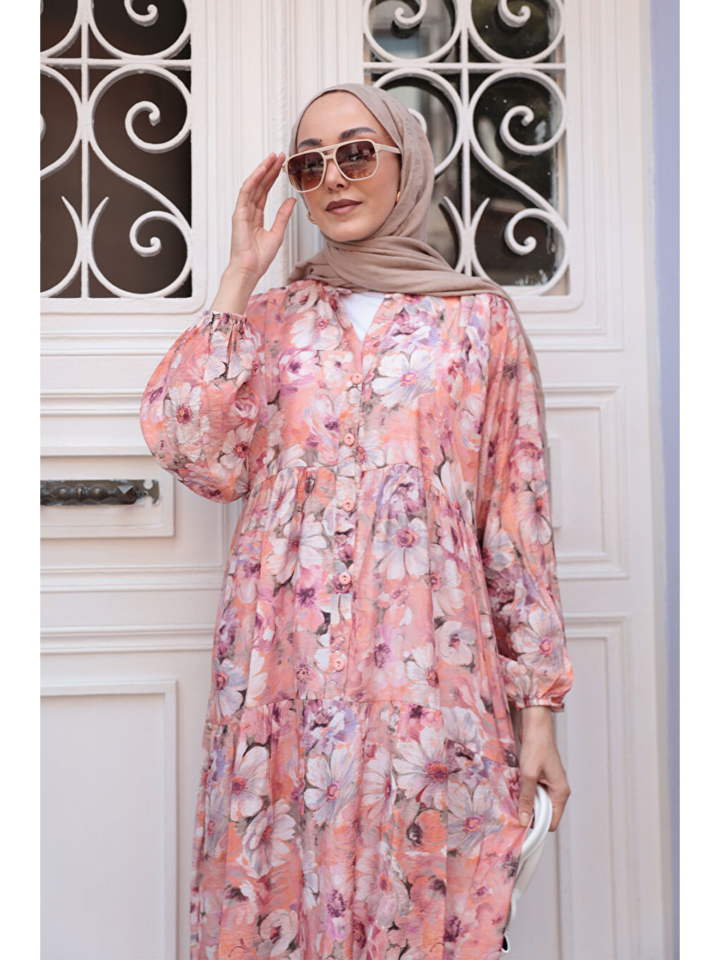 Pembe Kadın Nergis Desen Elbise Somon-4