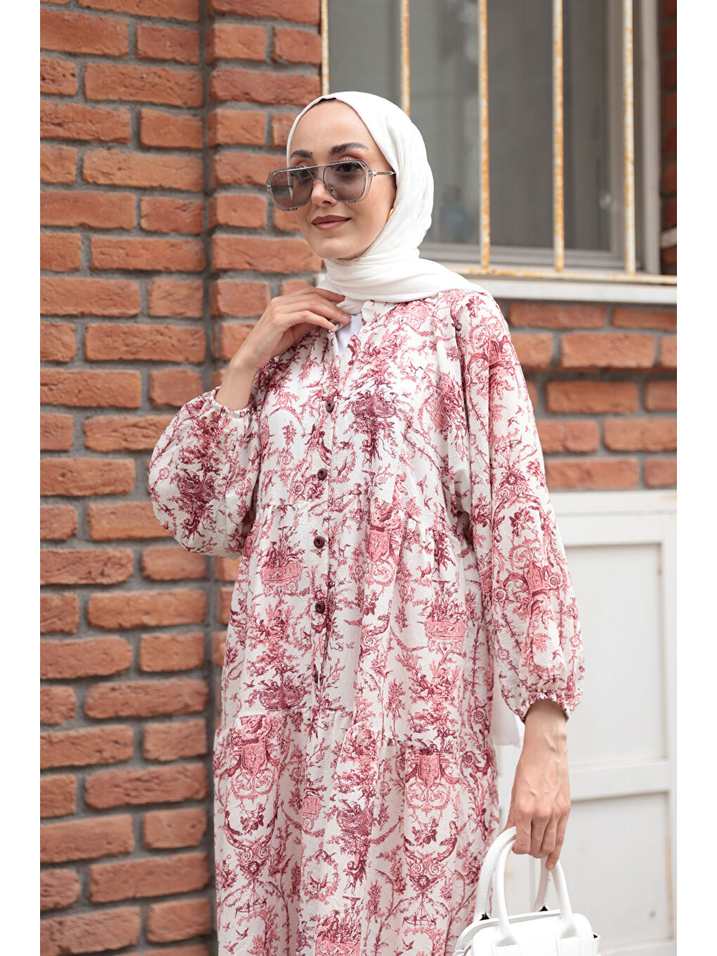 Pembe Kadın Pastoral Desen Elbise Pudra-4