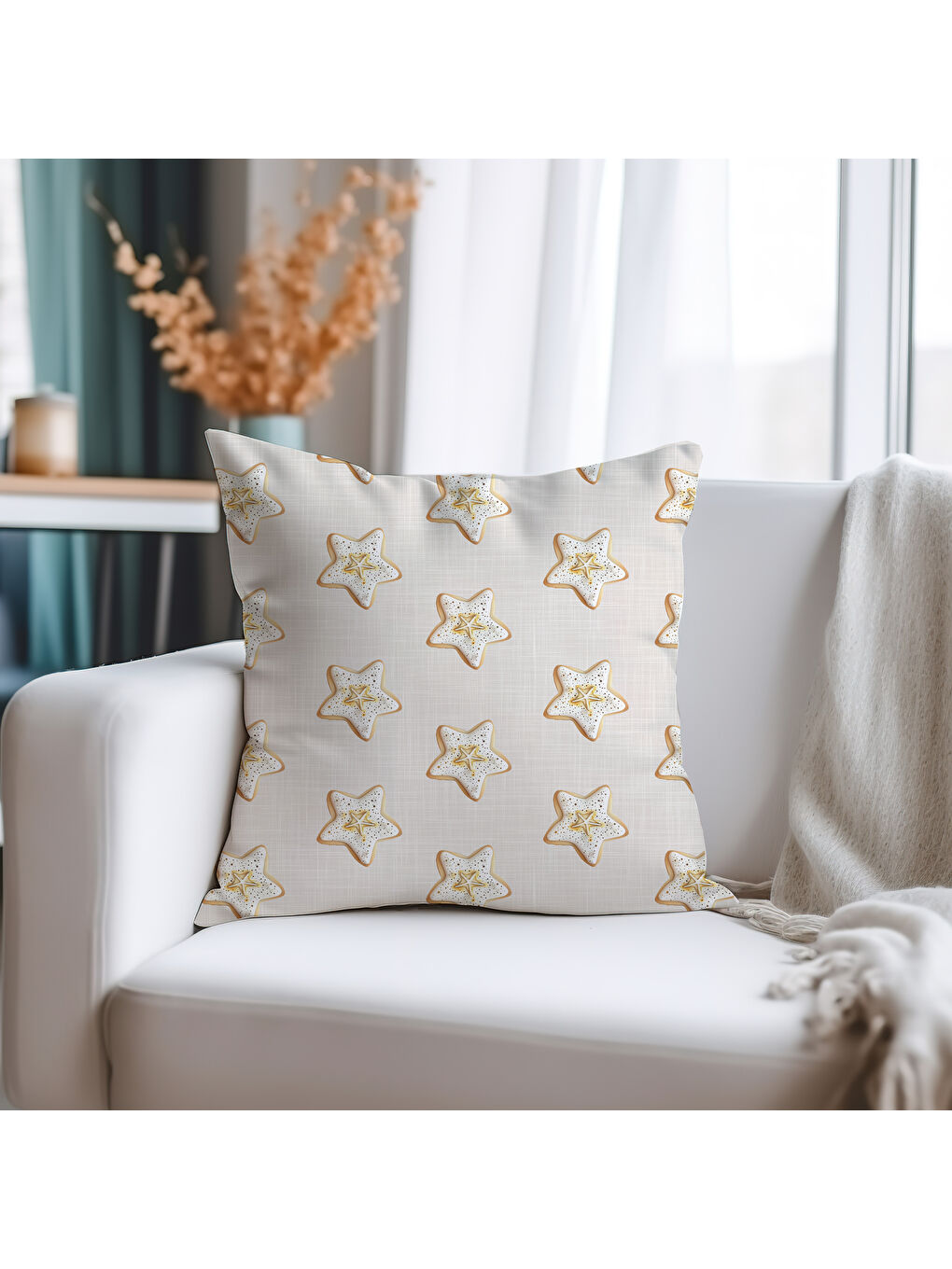 Bej Dekoratif Kırlent Kılıfı, Gold Yıldız Desenli, Çift Taraflı Baskılı Kadife 43x43 cm-2