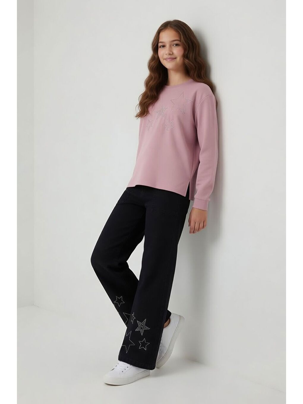 Pembe Gülkurusu Yıldız İşlemeli Badili Jean Pantolonlu Kız Çocuk 2li Takım 23973-3