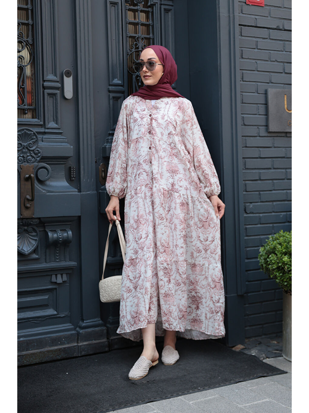 Kadın Pastoral Desen Elbise Bordo-1